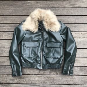 Green leather jacket with removable fur